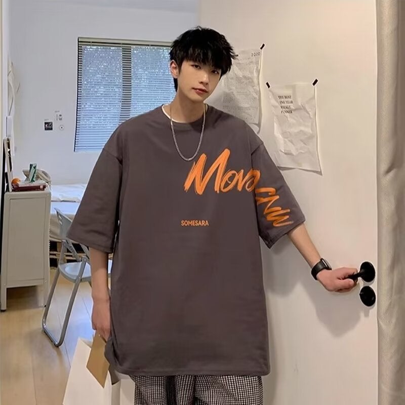 150Kg Short-Sleeved T-Shirt For Men, Trendy Brand, Summer Loose Fit, Five-Quarter Sleeves, New Style, Internet Celebrity Trend, Simple Printed Top - Image 2